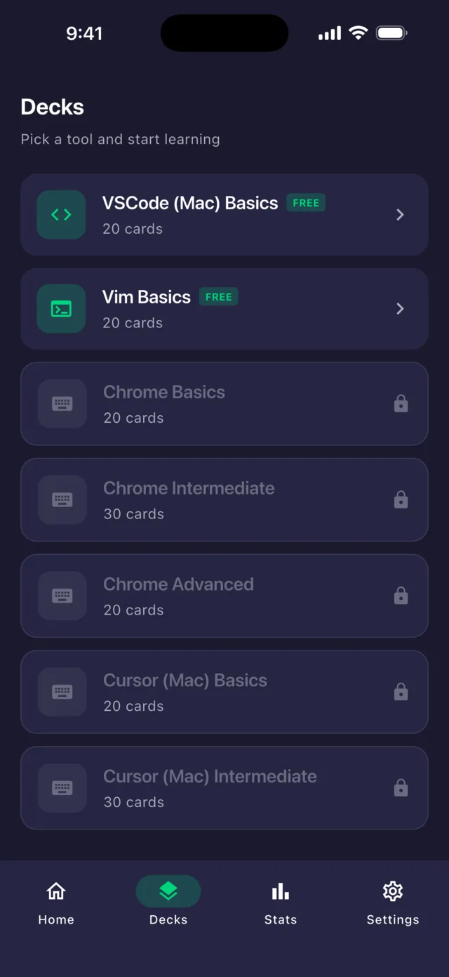 Deck list screen